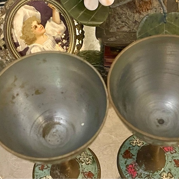 Vintage Estate Two Ornate 4” Etched Brass Mini Goblet Stemmed Toasting Glasses‼️ - Picture 4 of 8